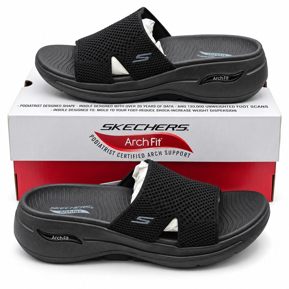 Skechers GO WALK Arch Fit Worthy Womens 7 Black Slide Sandals ULTRA GO 140224